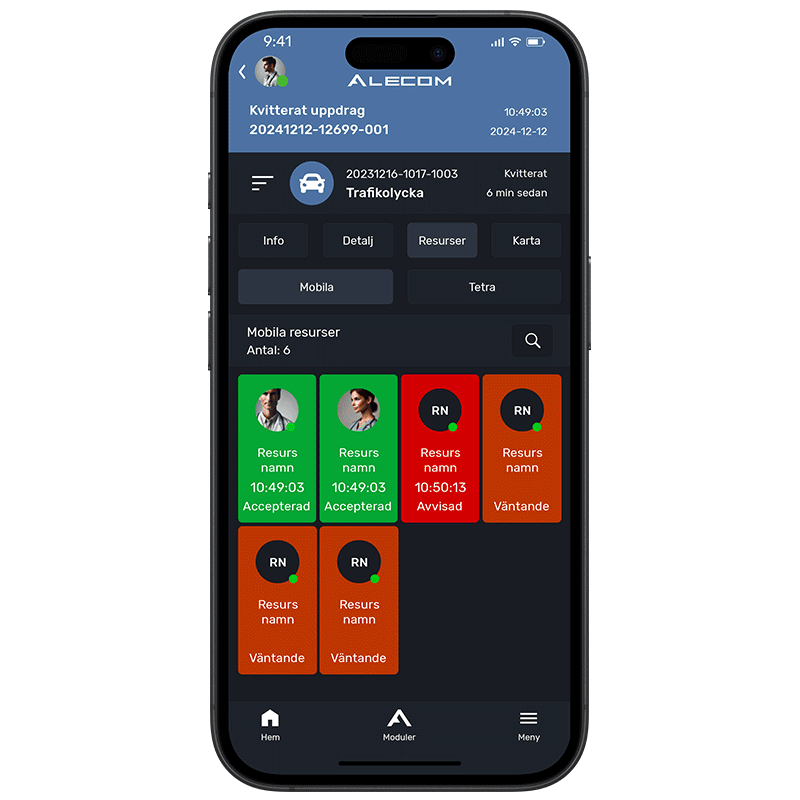 Alecom 112 app med tillgängliga resurser