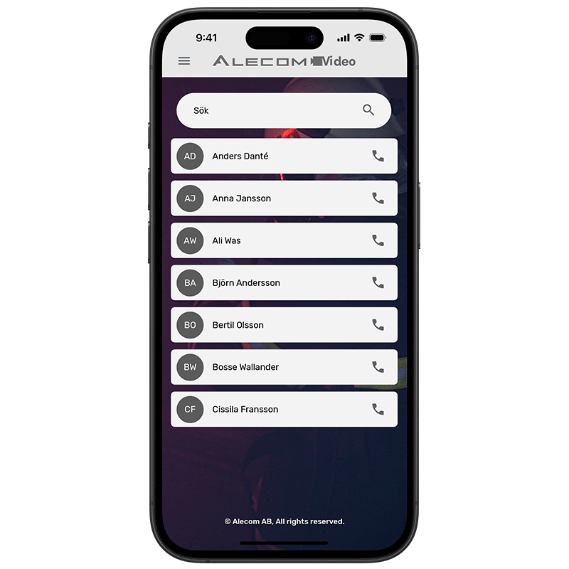 Kontaktbok i Alecom Video app